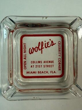 WOLFIE’s legendary restaurant Miami  Clear Glass Ashtray with Red Logo
